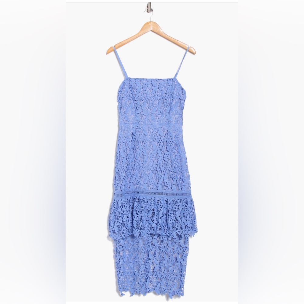 New Women’s NSR Floral Lace Tiered Midi A-line Dress Size M Cornflower Blue